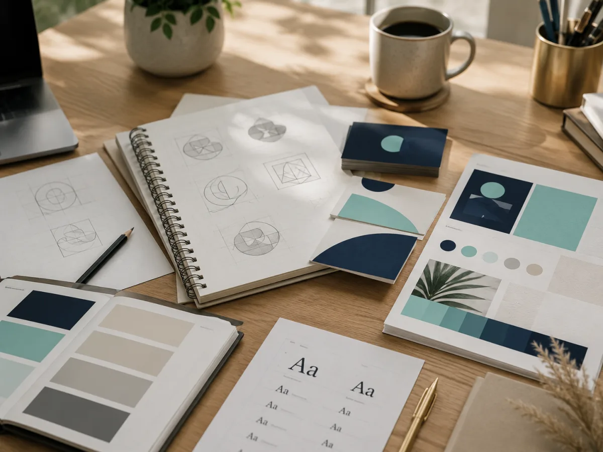 Branding workspace with logo sketches and colour palettes