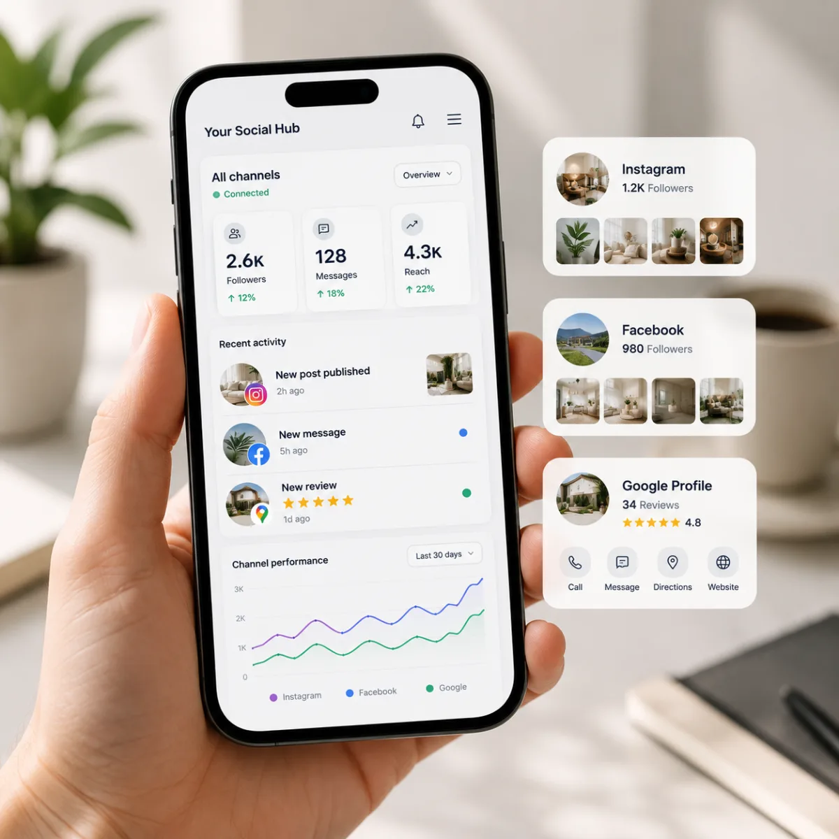 Smartphone showing connected social media and Google profile cards
