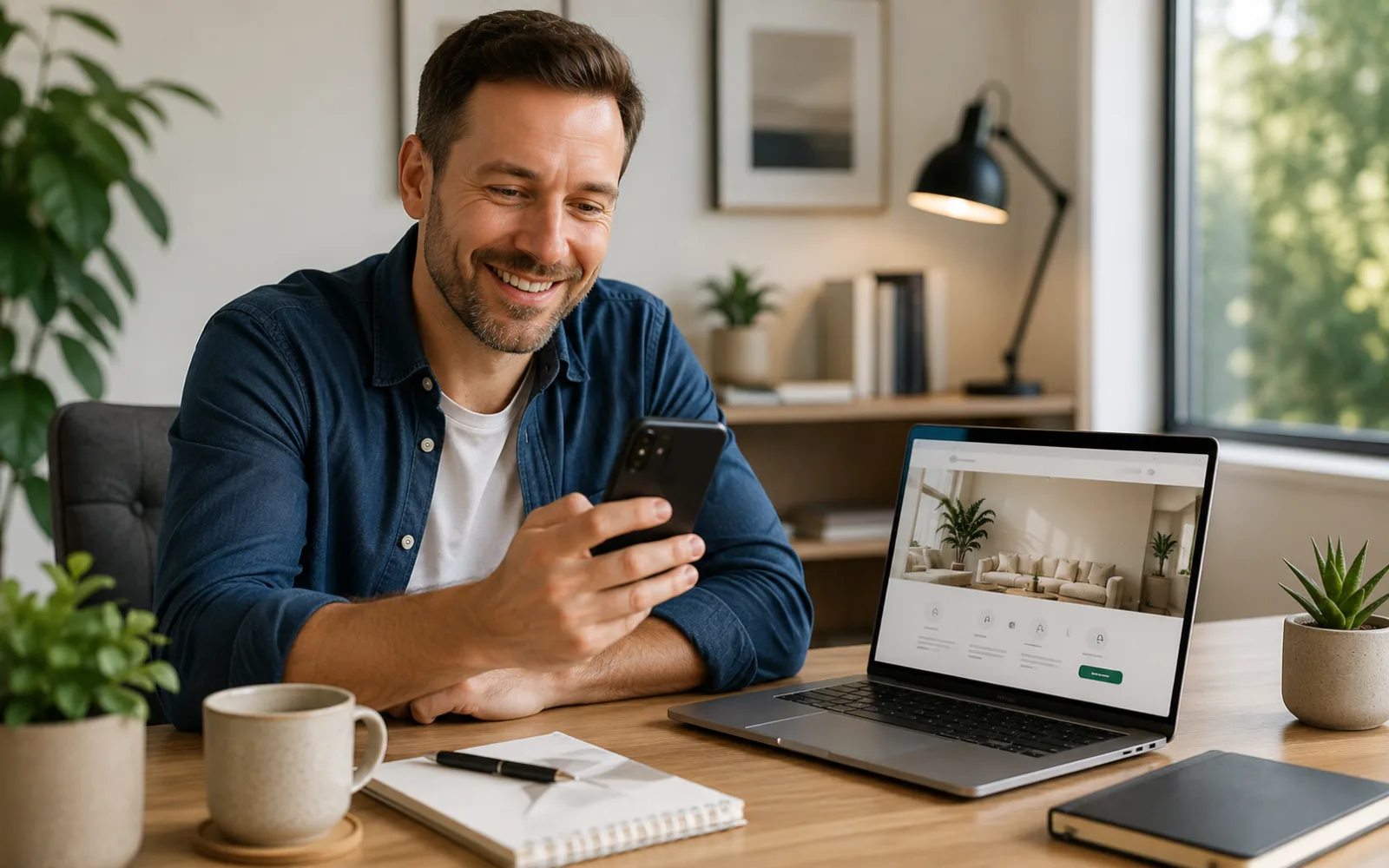 Small business owner smiling while using a phone beside a laptop